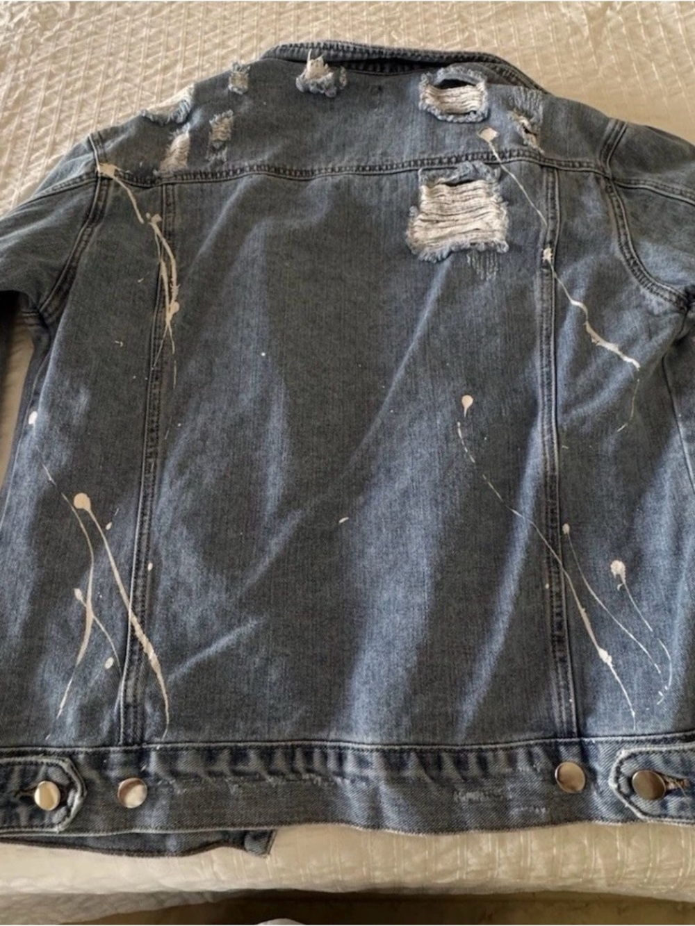 Forever 21 Kids Distressed Paint-Splatter Dark Blue Denim Jacket
